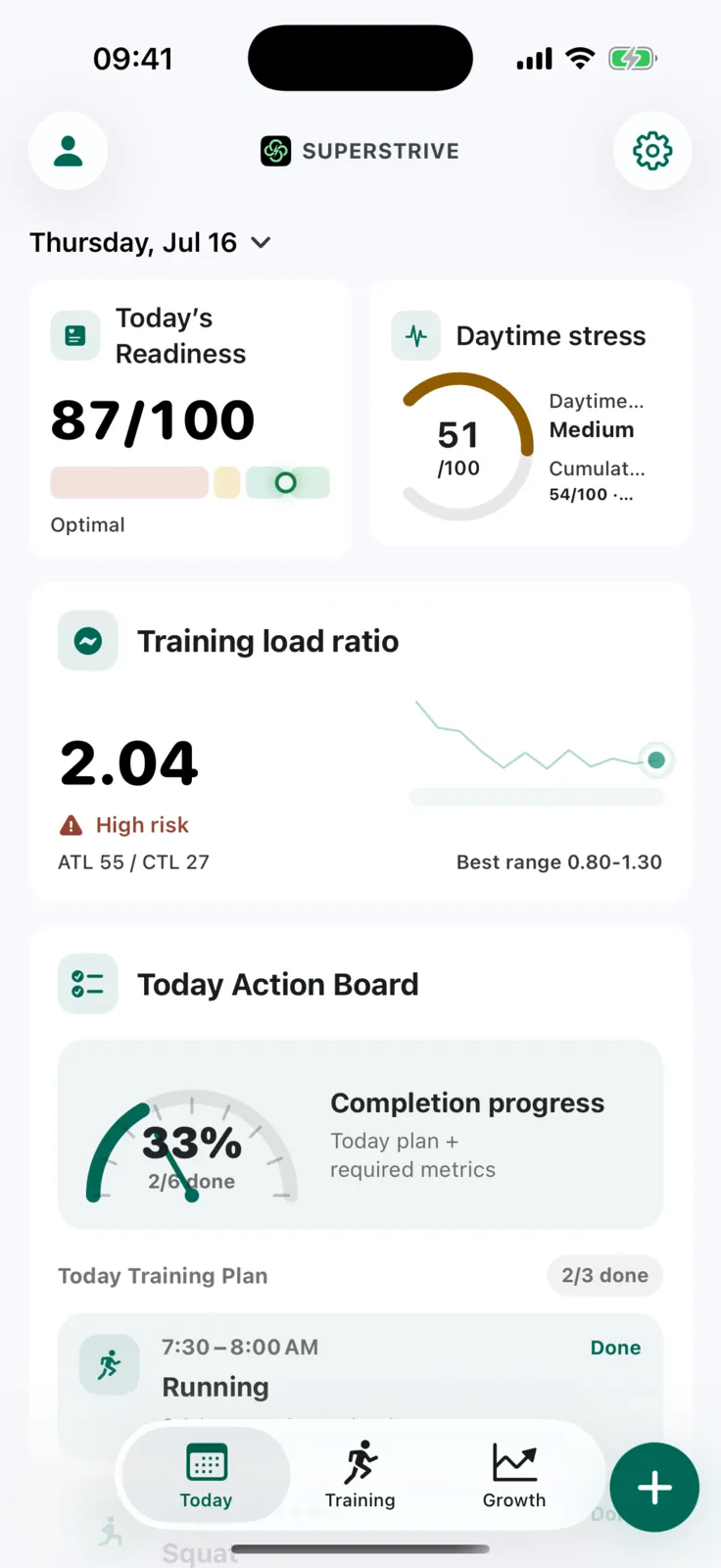 SuperStrive adaptive fitness coach on iPhone