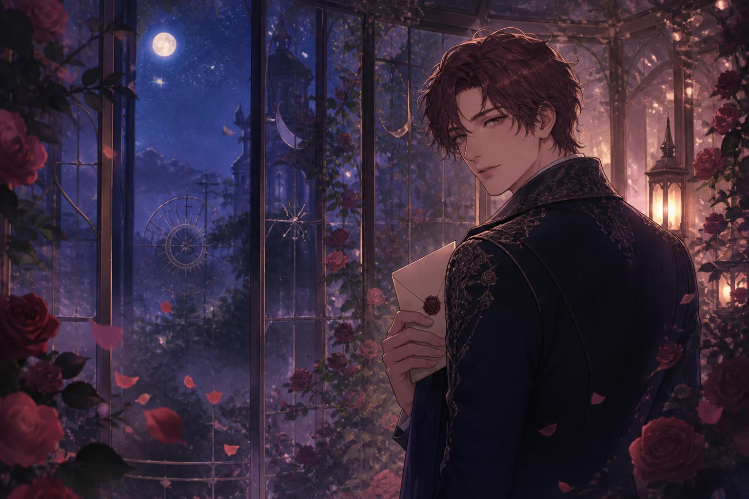 Whisperia original character holding a letter in a moonlit rose conservatory